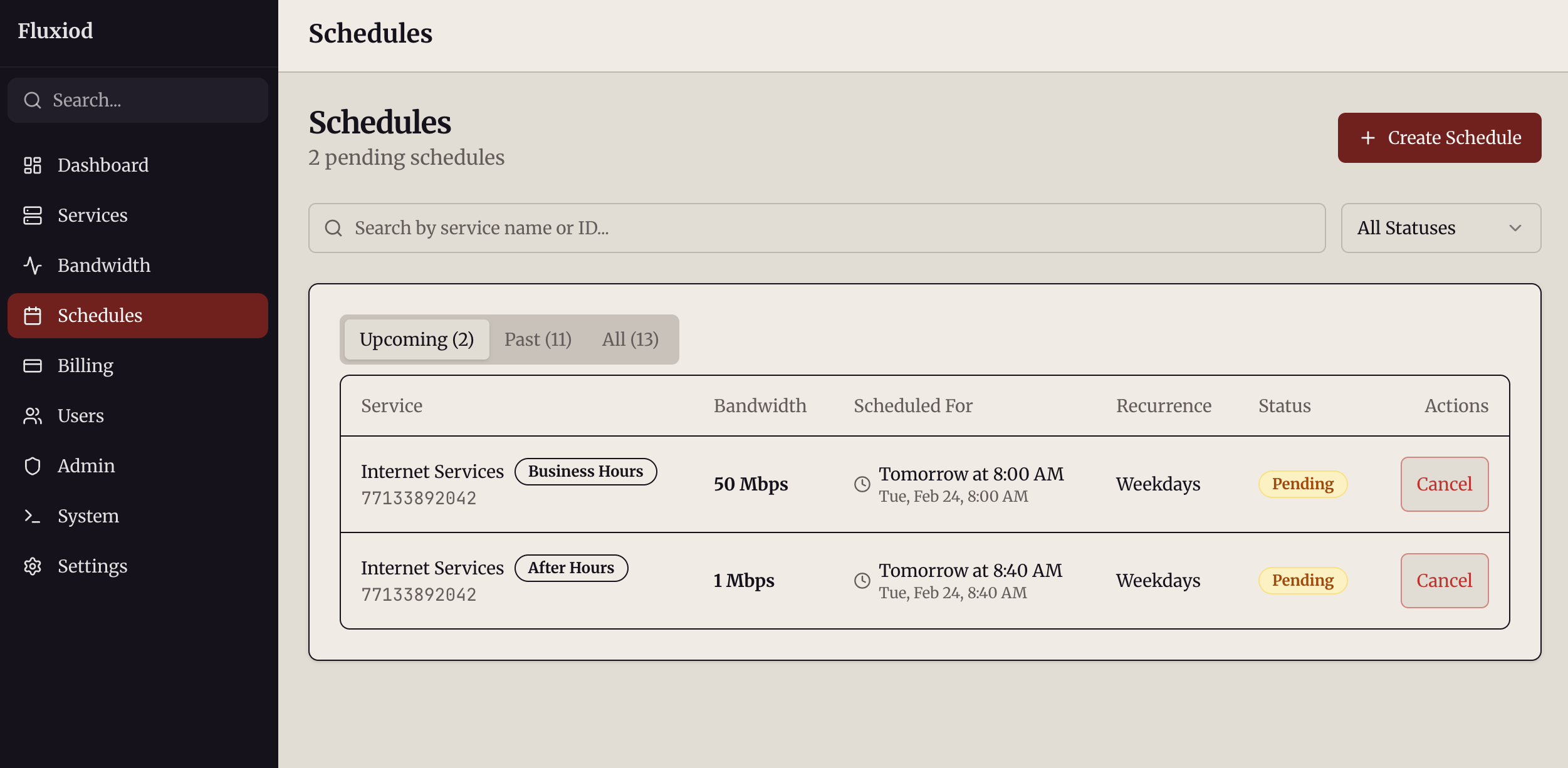 Fluxiod dashboard showing bandwidth schedules